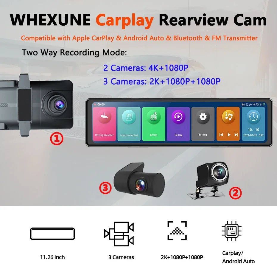 2.5K Dual Lens 11.26 Inch Carplay & Android Auto Wireless 1440P Wifi Dash Cam Rearview Mirror Car DVR GPS Tracker Video Recorder