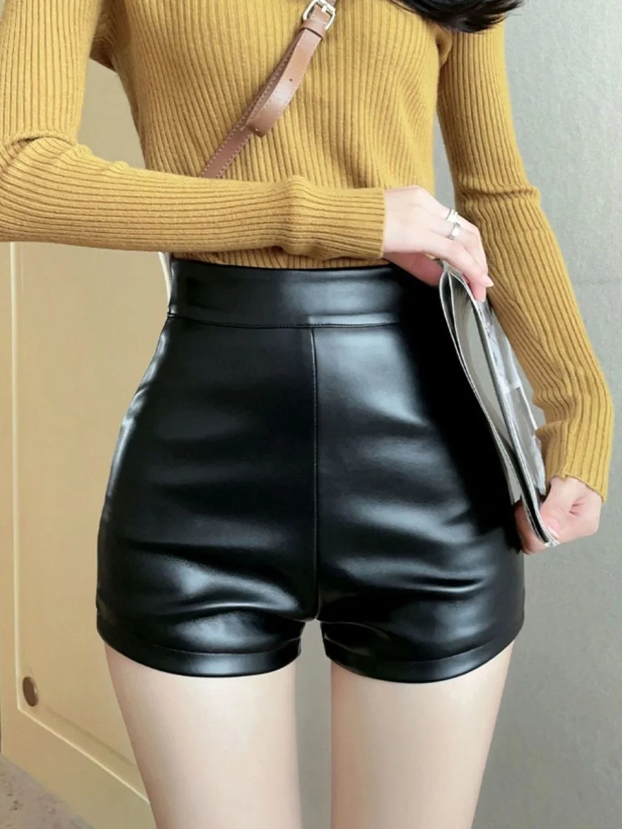 Korean Style High Waist PU Leather Shorts Women's Tight Fit Elastic Slimming Bootcut Three-quarter Length Pants Casual Wear