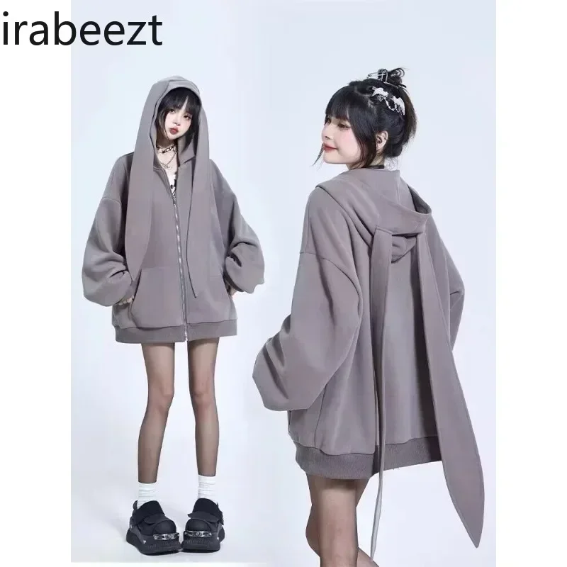 Irabeezt Women Sweatshirts Hooded Button Solid Loose Casual Tops Vintage Cute Preppy Hoddies Autumn Spring Female Clothes