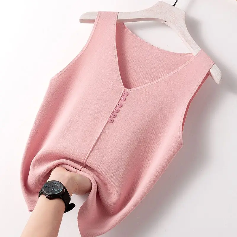 Ice silk Tanks knitted V-neck sleeveless versatile middle-aged outerwear thin summer vest Korean loose fitting interior Camis