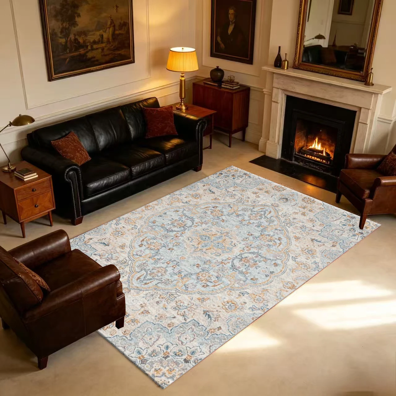 Light Blue Beige Vintage Square Area Rug Soft Faded Floral Medallion Printed Floor Carpet for Living Room Bedroom Home Decor