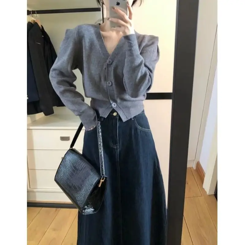 Vintage Denim Midirock Damen Hohe Taille A-Linie Ausgestellter Rock