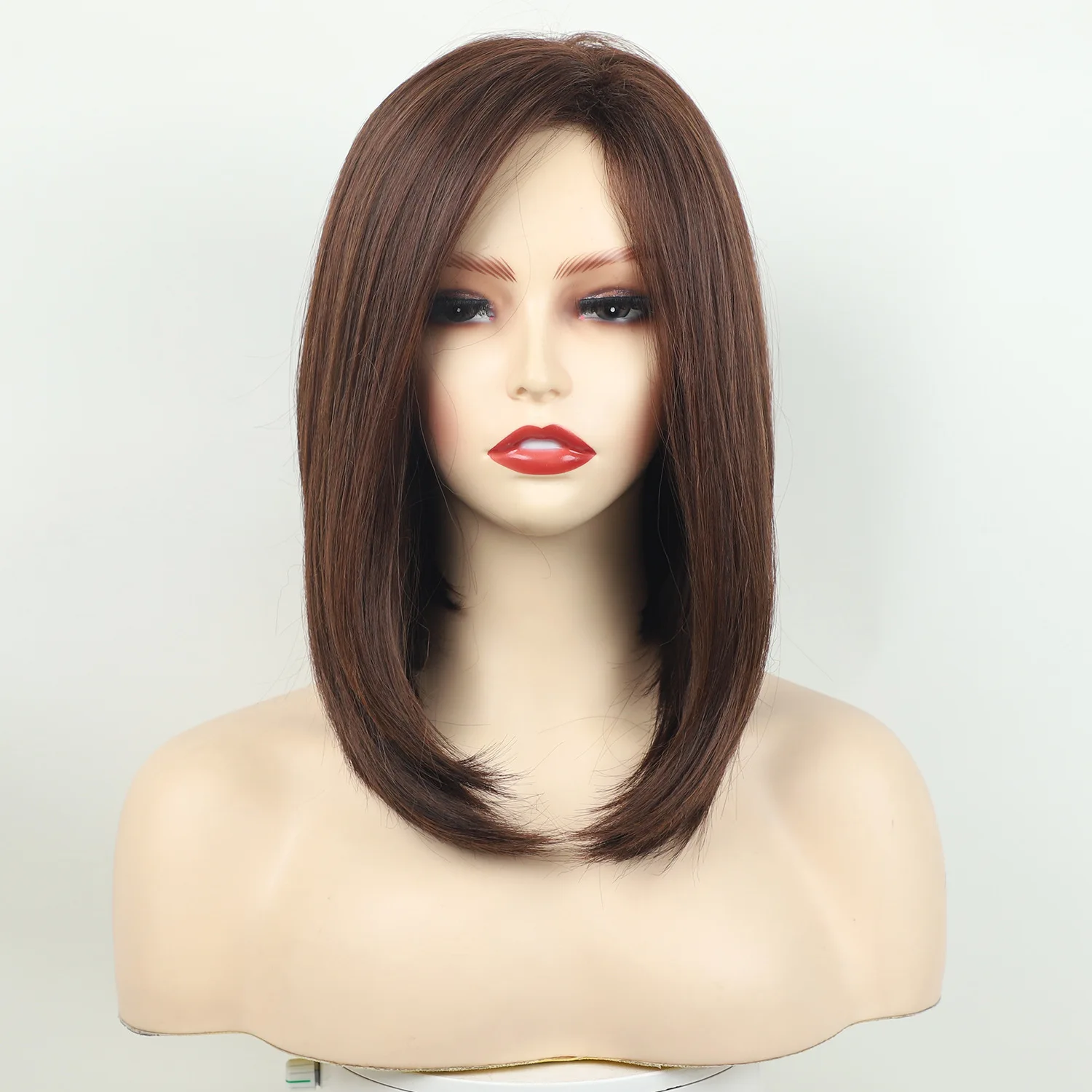 Natural Straight Shoulder-Length Synthetic Wig Chestnut Brown Bob with Side Part bangs for Women