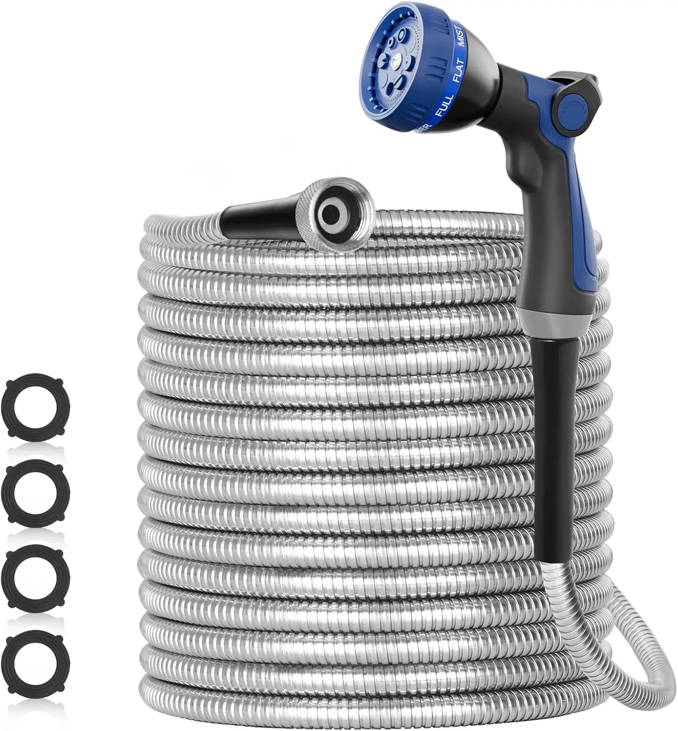 

100ft Heavy Duty Stainless Steel Garden Hose with Nozzle, Flexible & Puncture Resistant for Outdoor Use