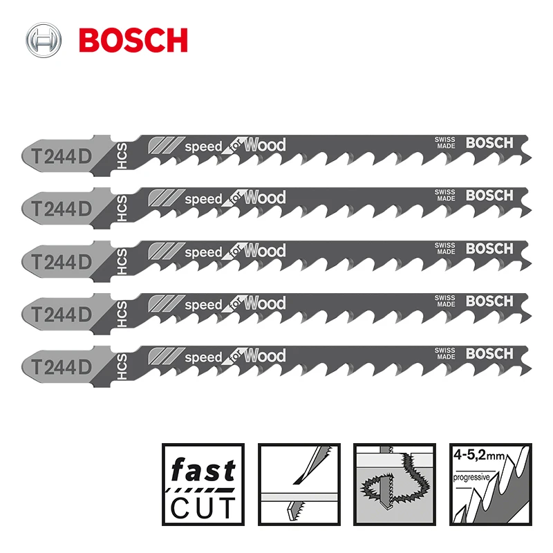 Пильное полотно Bosch для быстрой резки древесины, полотно лобзика T244D, 100 мм, совместимое лобзик с Т-образной ручкой, 5 шт.