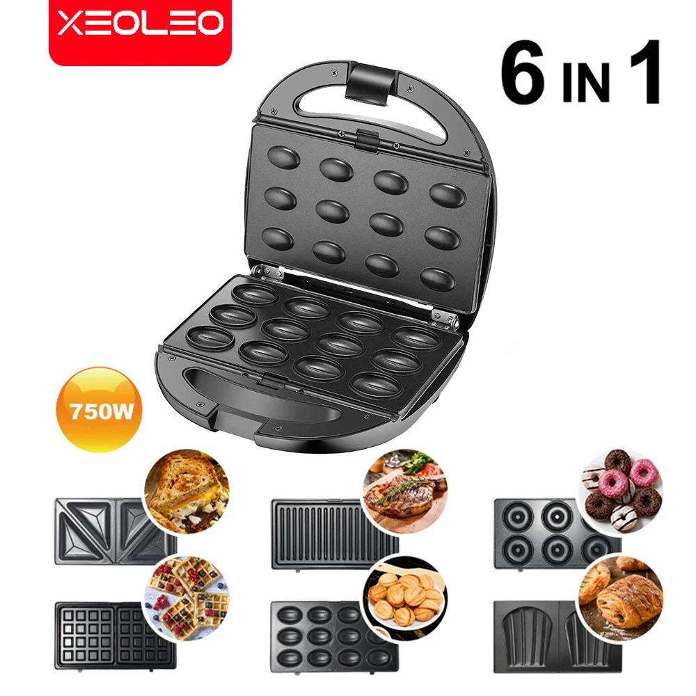 XEOLEO 6 w 1 elektryczna gofrownica Grill ciasto kanapkowe Mini gofrownica domowe urządzenie kuchenne Multibaker maszyna śniadaniowa