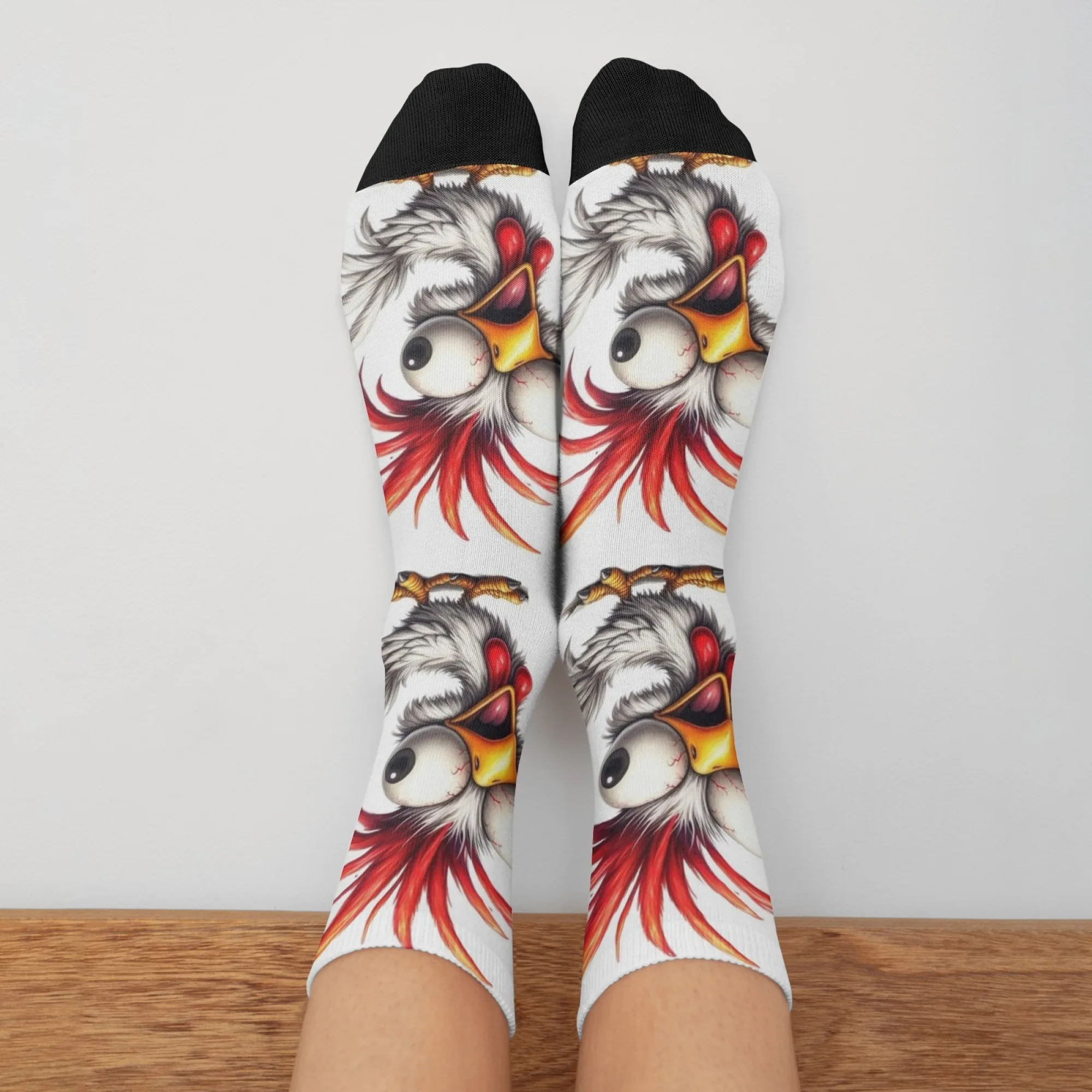 Crazy Cartoon Rooster Print Mid-calf Socks Frizzy Red Comb Quirky Rooster Image Exaggerated Comical Gift for Quirky Fun Friends