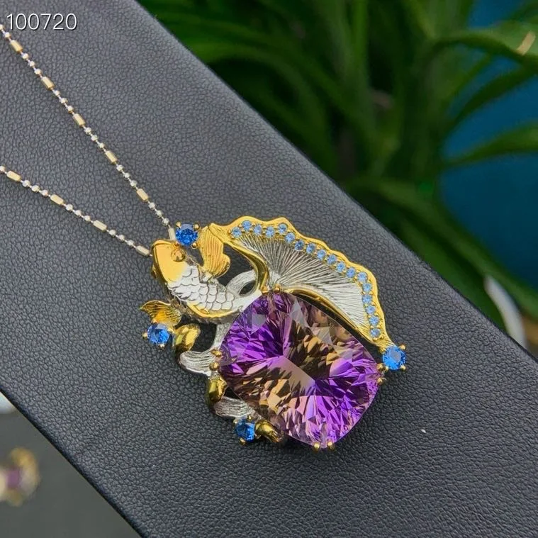 

Кулон из натурального аметринового камня Ocean Fairy Tale, двухцветное серебро 925 пробы, ручная работа, ювелирное украшение с драгоценными камнями, подарок для женщин