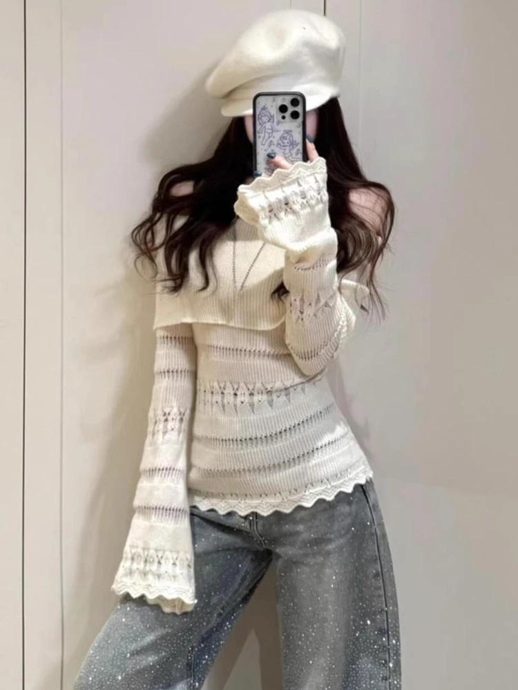 Y2k Aesthetic Slash Neck Womens Sweater Streetwear Grunge Flare Sleeve Hollow Out Pullovers Harajuku Knitted Slim Fit Jumper