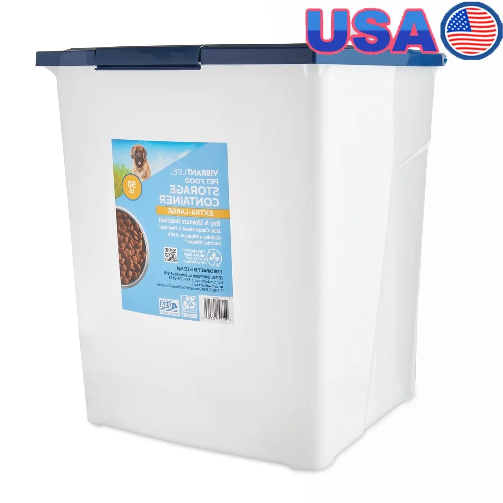 

Extra-Large Pet Food Storage Container with Locking Lid 50 lb Capacity Bug Moisture Resistant Food Safe Rubber Seals Roller