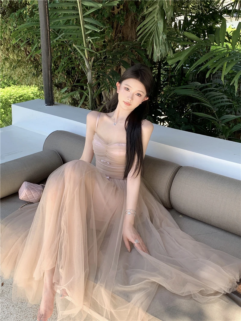French Woman Ballet Dress Bow Sleeveless Slash Neck Mesh Patchwork Princess Sweet Elegant Summer Fashion Party Dresses Female