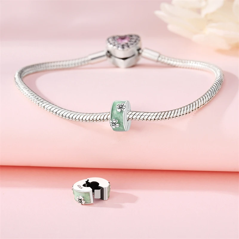 925 Sterling Silver Lucky Four-leaf Clover Cutout Locator Buckle Charm Bead Fit Original Pandora Bracelet Diy Jewelry For Women