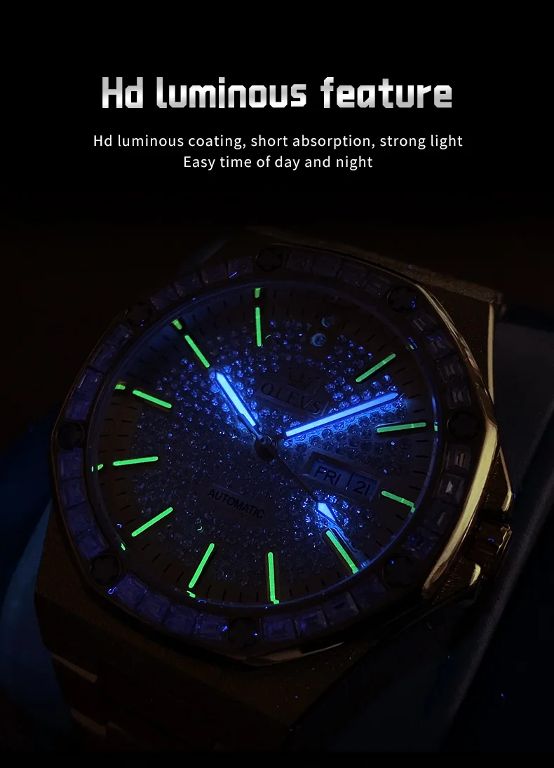 OLEVS 9803 Voll Diamantbesetzte Automatische Mechanische Uhren für Herren Luxus Edelstahl Wasserdicht Doppelkalender Business Herrenuhr – Detail 11