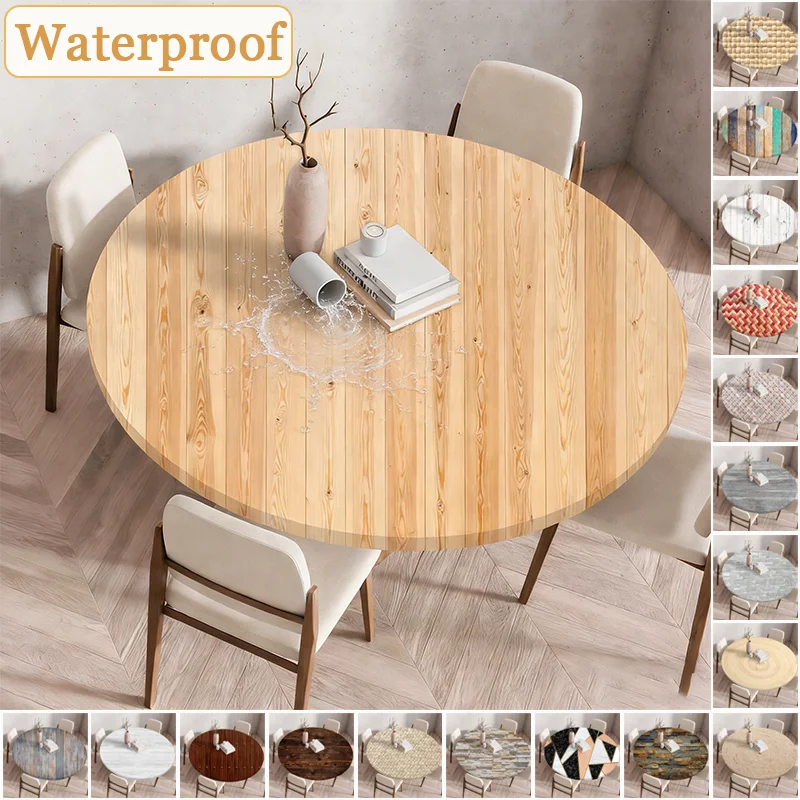 

Wooden Printed Round Waterproof Table Cover Wipeable Tablecloth for Summer Holiday Picnic Party Use Fit for Diameter 60-140cm