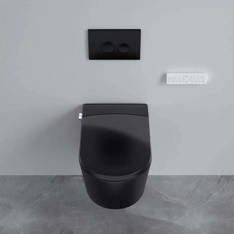 Auto Open Wall-Hung Toilet Black Smart 110V/220V Remote Control Automatic Flushing Elongated Washroom Accessory Included