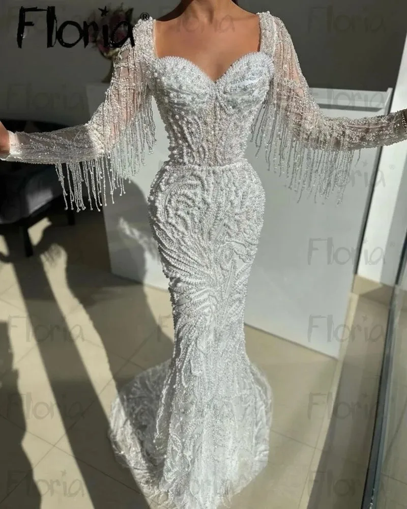 Modern Long Sleeve Tassel Evening Dress Square Neck Mermaid Beaded Formal Gowns For Wedding 2024 Luxury Vestido De Noiva Plus