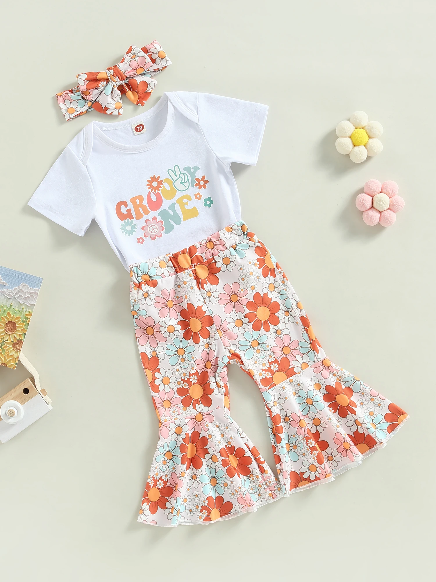 Toddler Baby Girl Clothes Birthday Outfit Groovy One Two Print Romper Top Floral Bell Bottoms Headban Set