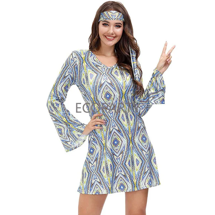 Women Floral Fashion Mini Dresses Hippie Girl Costume Flare Sleeve 70's Disco Dress Ladies Party Clubwear Retro Hippy 70s Dress