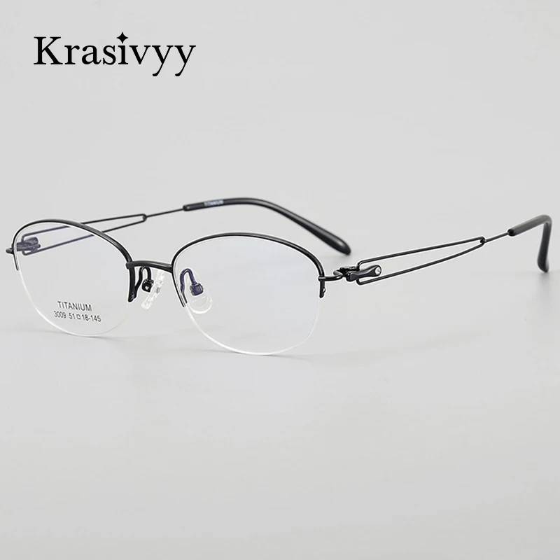 Krasivyy Oval Pure Titanium Glasses Frame Women Diamond Luxury Ultralight Optical Eyeglasses New Semi-rim Prescription Eyewear