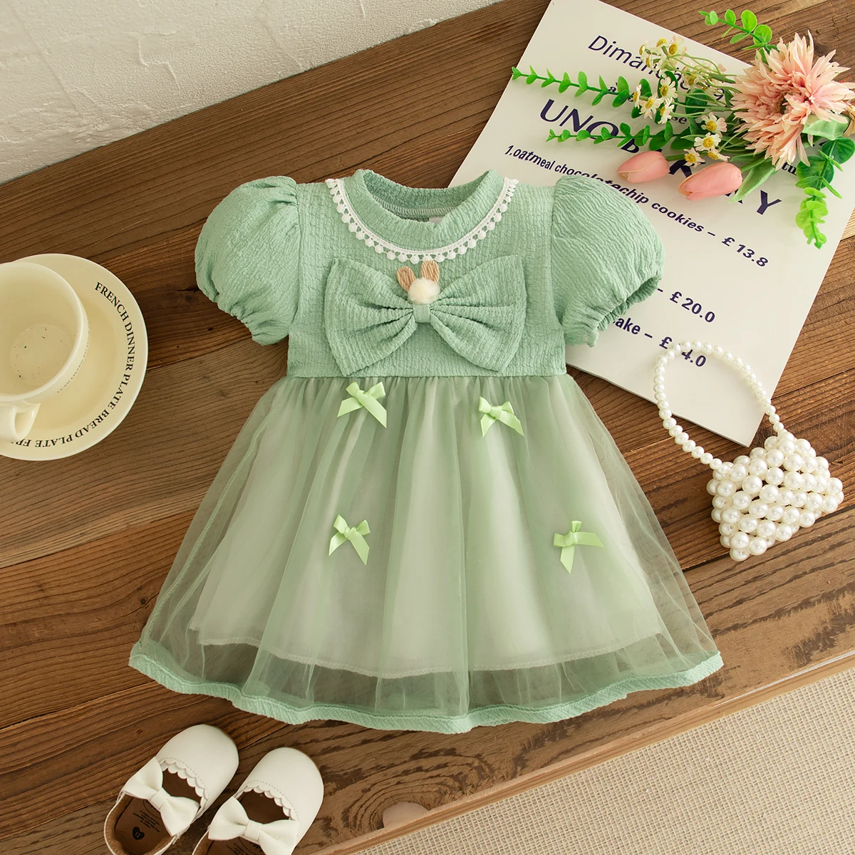 0-2 Years Baby Girl Dress Mesh Bow Dress Cute Bear Decoartion Pink Children Clothing Korean Style Toddler Kids Costume