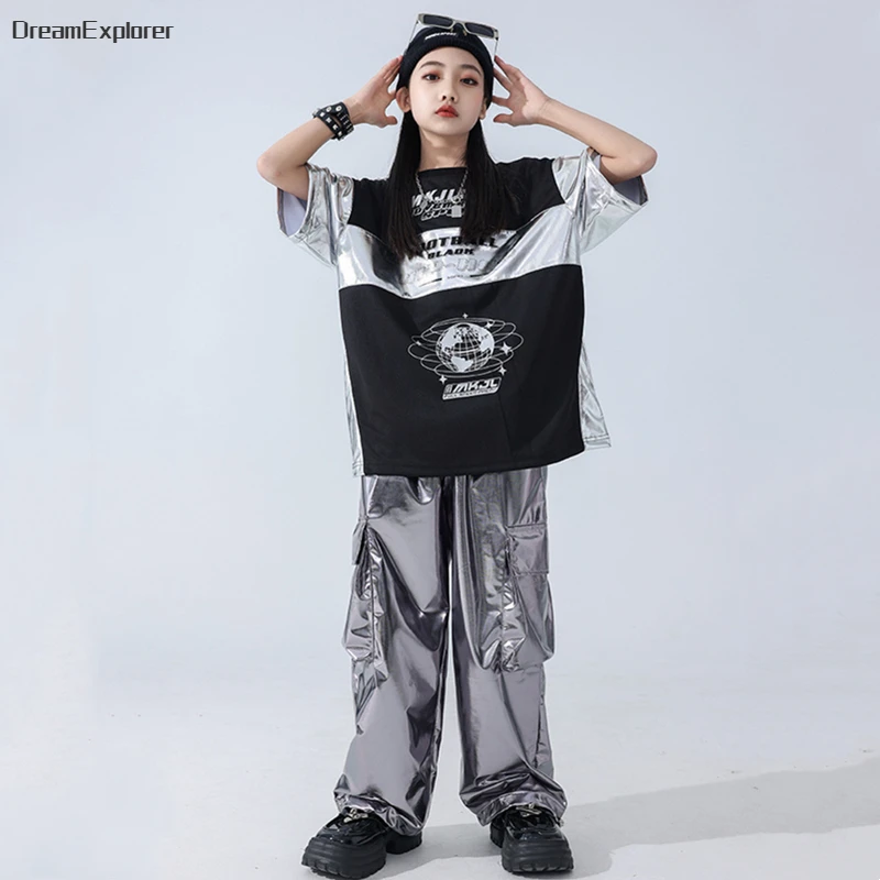 Boys Hip Hop Patchwork T-shirt Silver Street Dance Cargo Pants Girls Sequin Streetwear Kids Jazz Clothes Children Stage Costumes