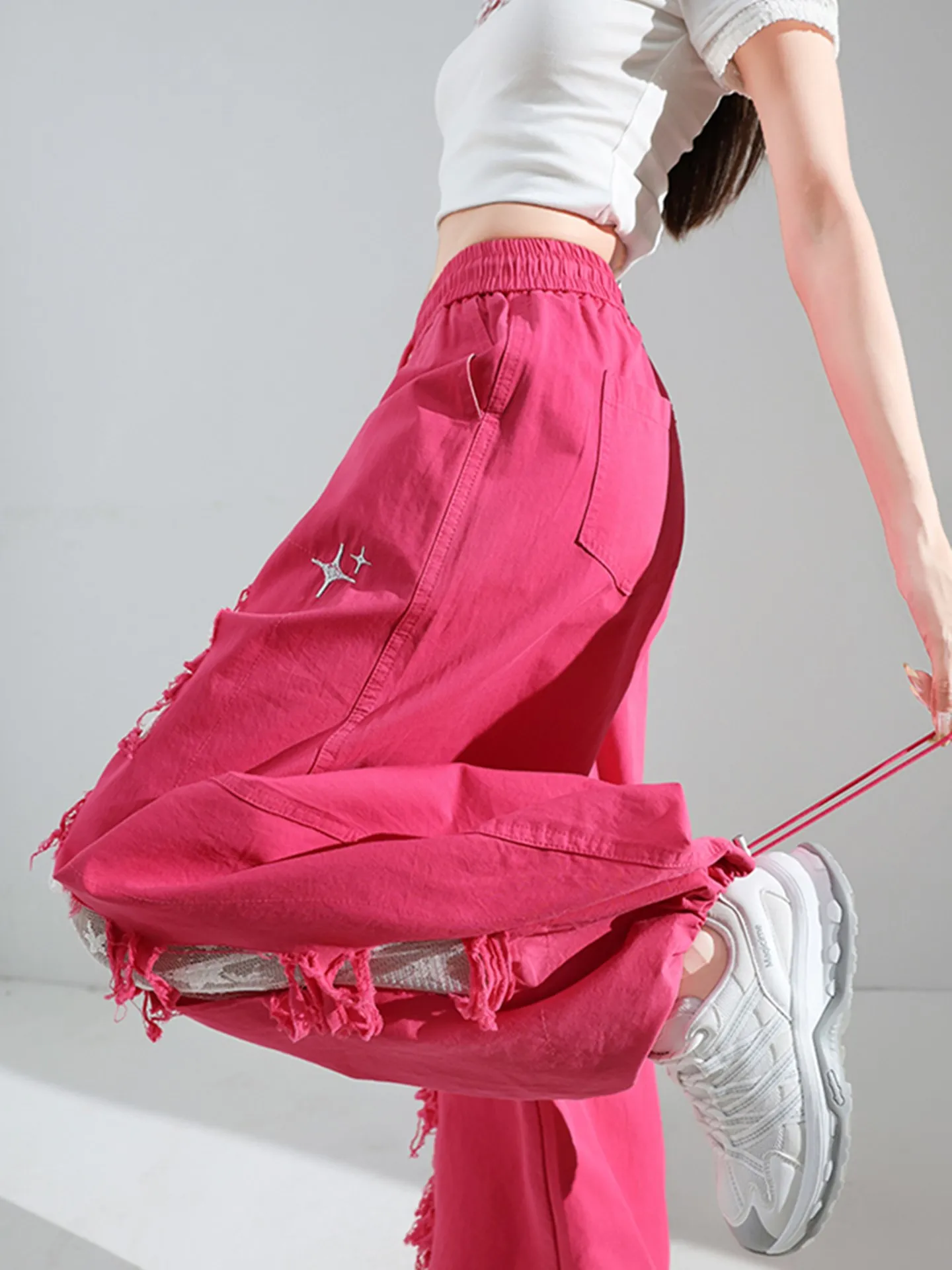 Lace Patchwork Hole Sports Pants Women Summer Loose Wide Leg Pants High Waist Straight Leg Long Pants Cuffed Pants Casual Style