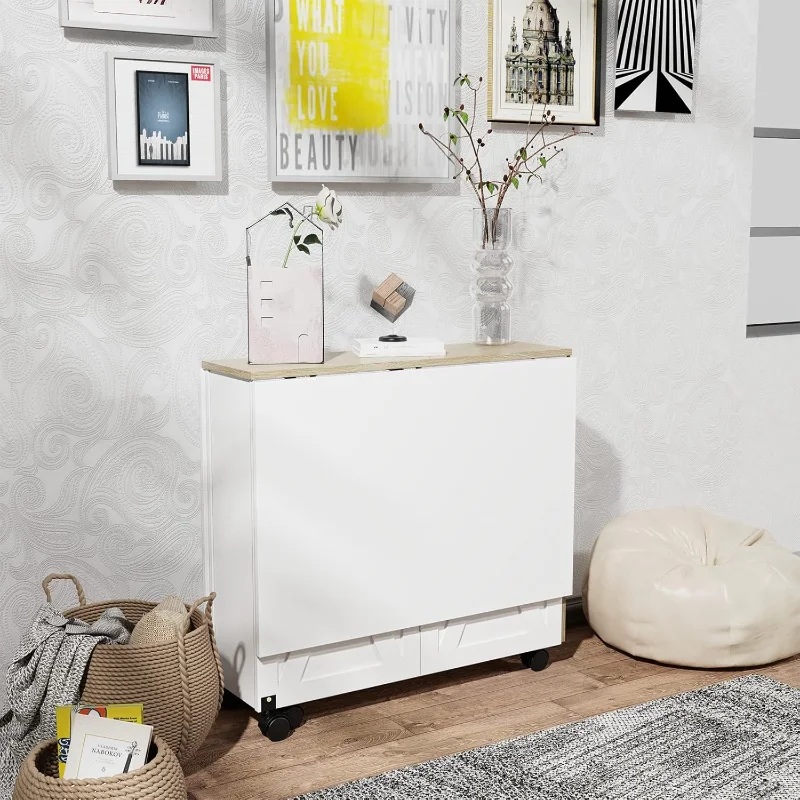 Table à manger pliante, table peu encombrante avec 6 roulettes pour petits espaces (blanc)