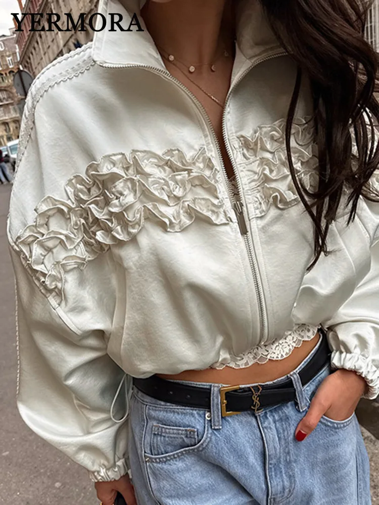 YERMORA Apricot Ruffled Edge Zipper Casual Jacket For Women Lapel Long Sleeve Loose New Coat Fashion Tide Spring Autumn 2025