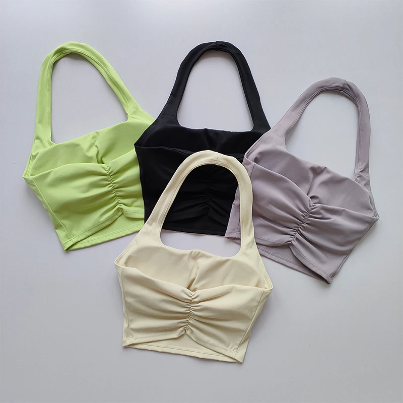 

Summer New Sexy Hanging Neck with Chest Pads, Beautiful Back Sports Bra, Women's Light Luxury Fashion, Unique Pleated Sports Bra