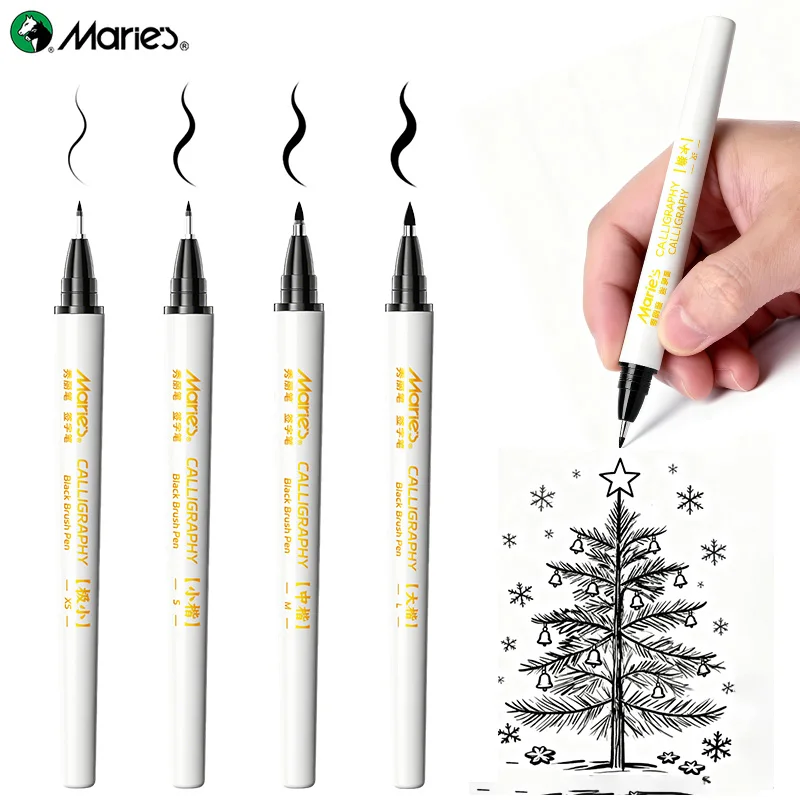Marie's  4pcs Black Calligraphy Pens Set, Soft Tip Hand Lettering Pens for Beginners, Brush Pens for Writing, Art Drawing