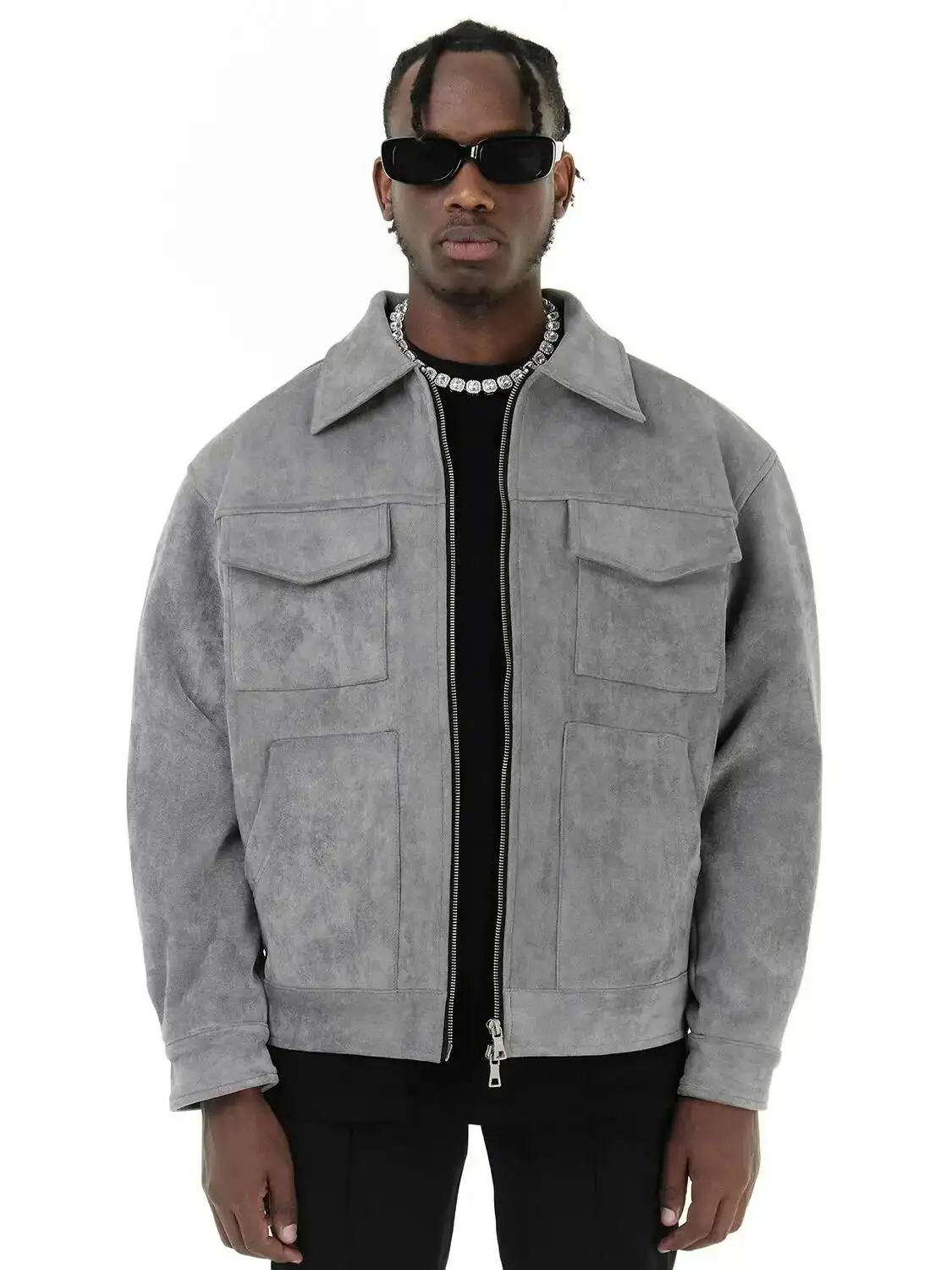 Vintage High Street Suede Material Crock With Zipper Lapel Casual Short Jacket For Men