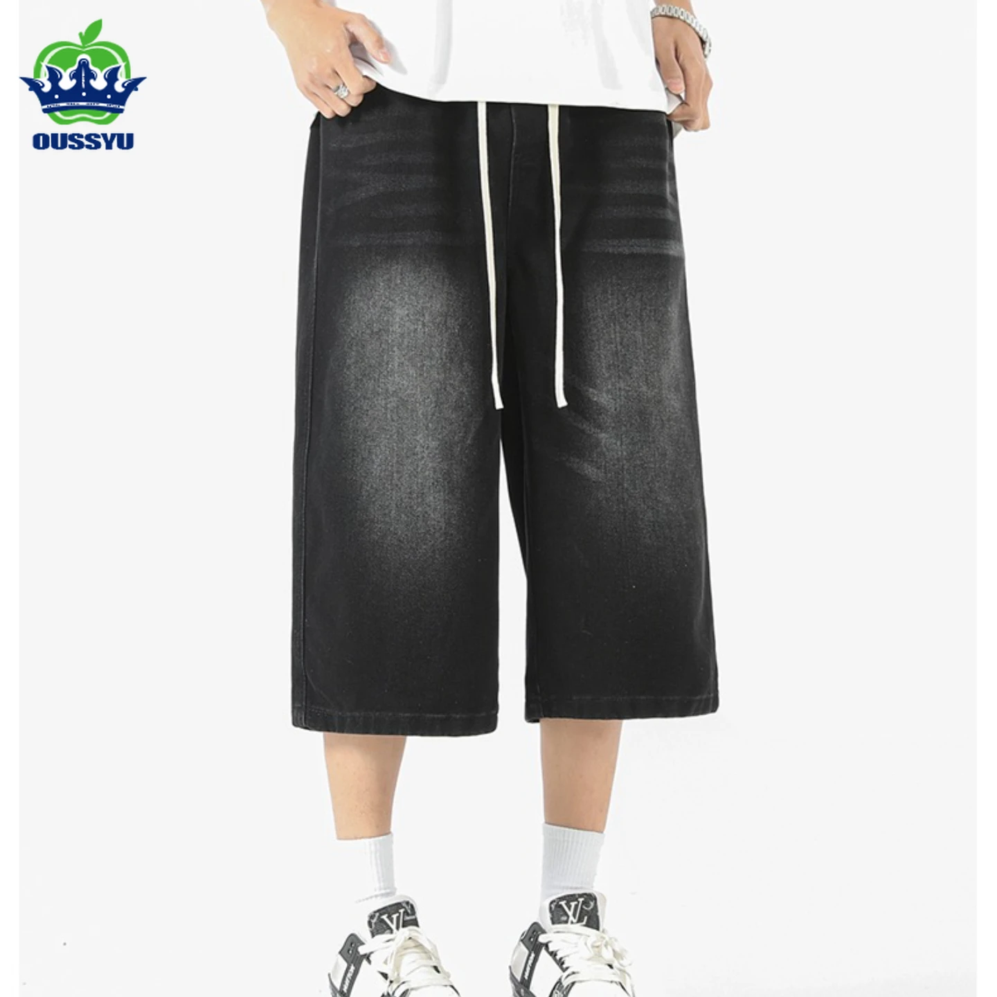 Men's Summer Cotton Jeans Loose Wide Leg Straight Casual Breathable Retro Blue Black Denim Shorts 3/4 Shorts Men High Street view 4