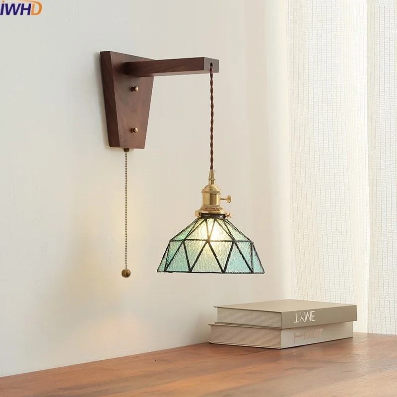 IWHD Pull Chain Switch LED Wall Light Fixtures Walnut Glass Bedroom Bathroom Living Room Home Decor Modern Bedside Lamp Arandela