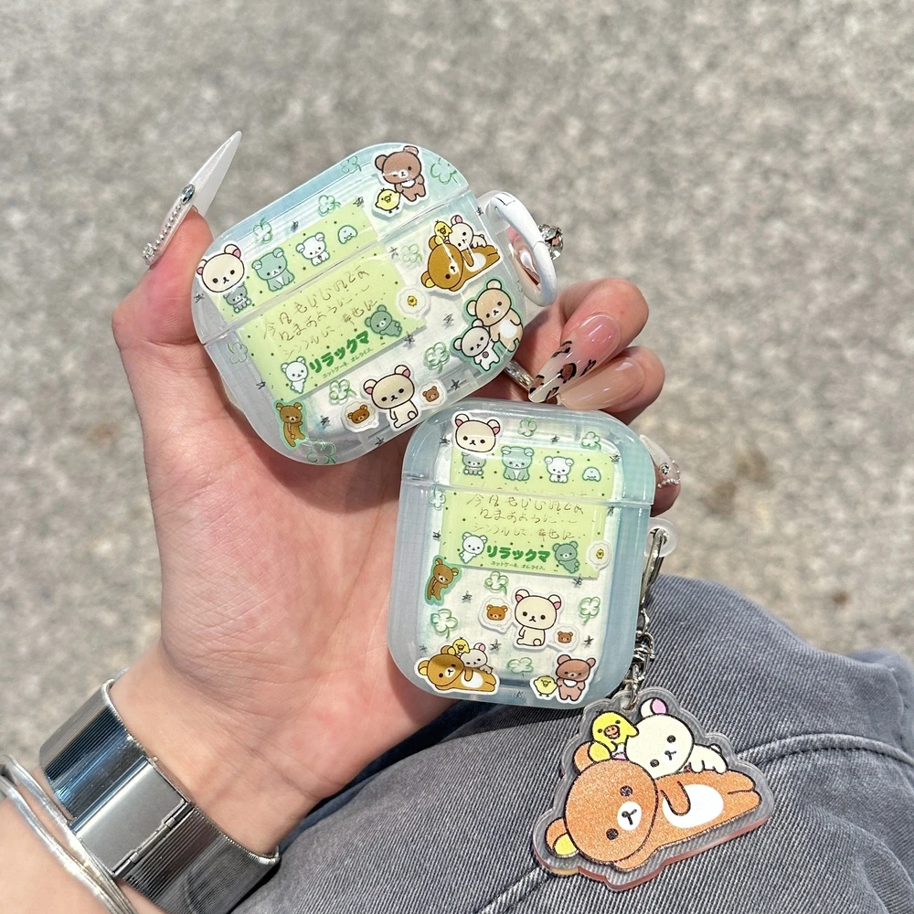 Cute Cartoon Rilakkuma Bear Earphone Case For Airpods 4 2 3 1 Pro 3 2 Wireless Bluetooth Headset Protective Cover With Pendant