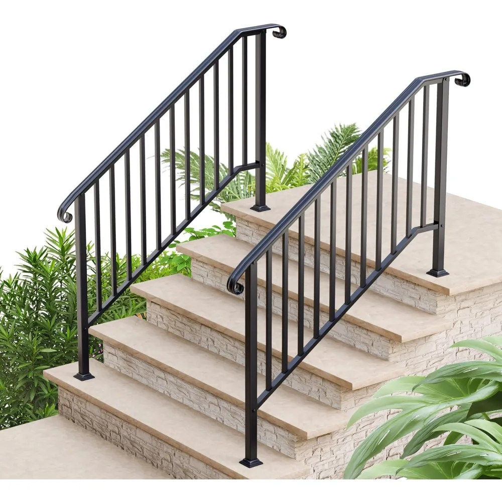 

2 Pack 5 Step Handrails for Outdoor Steps, Fits 4 or 5 Steps Wrought Iron Stair Railing, Metal Hand Rail with Installation Kit,