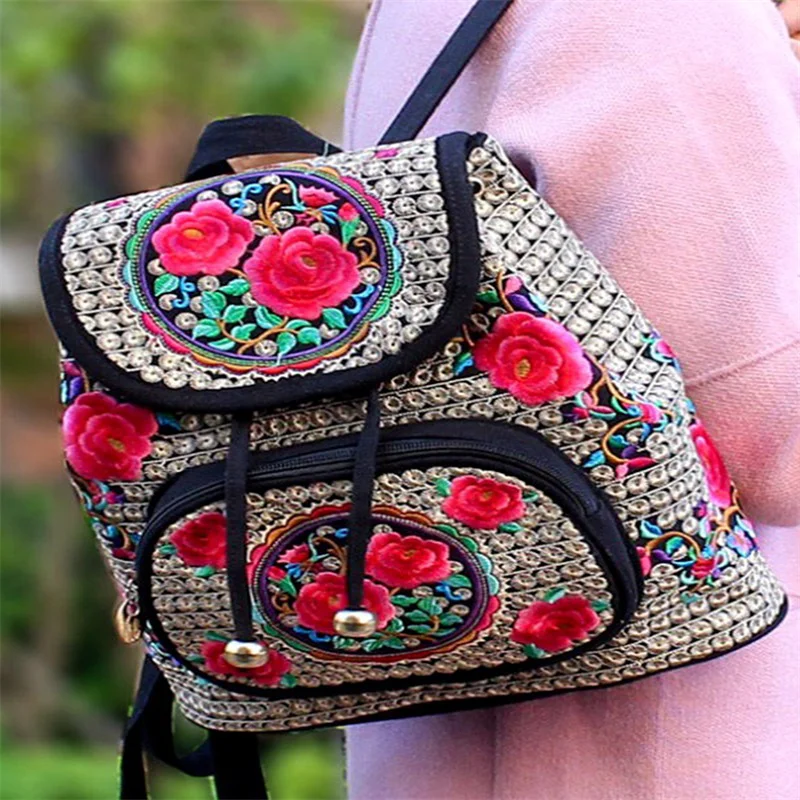 

China Yunnan Ethnic Embroidery Backpack Retro Floral Embroidered Ladies Rucksack Embroidered Backpack Handbag School Bag