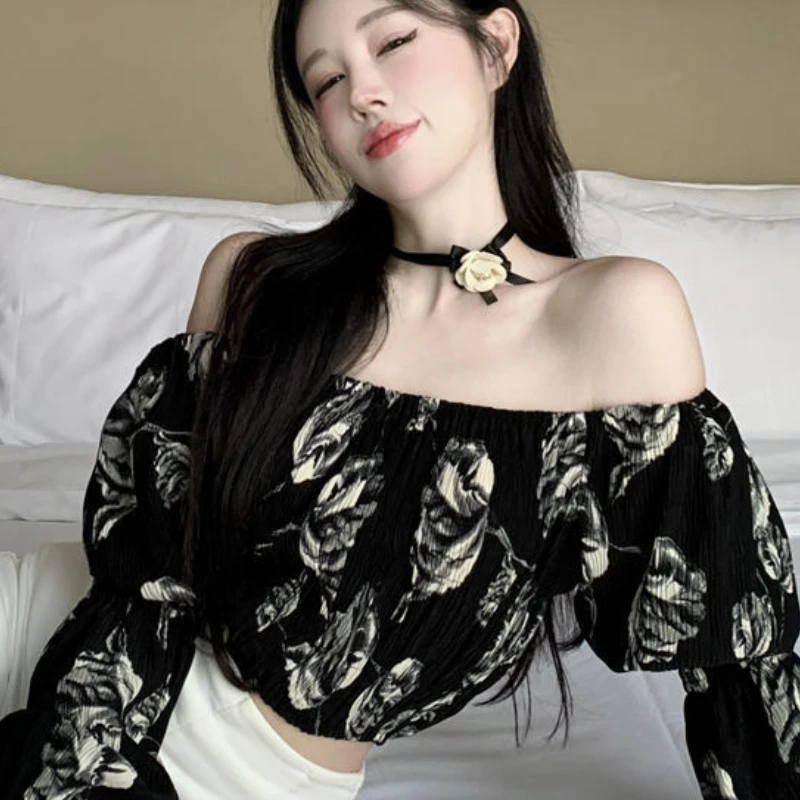 

Женские блузки с цветочным принтом, элегантные повседневные женские сексуальные винтажные весенние новые уличные модные универсальные тонкие укороченные топы, уютные