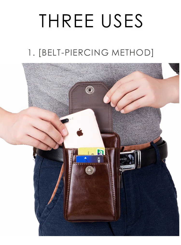 Men\'s Waist Packs Retro Soft Genuine Cow Leather Cross Belt Mobile Pocket Multi-function Crossbody Shoulder Bag