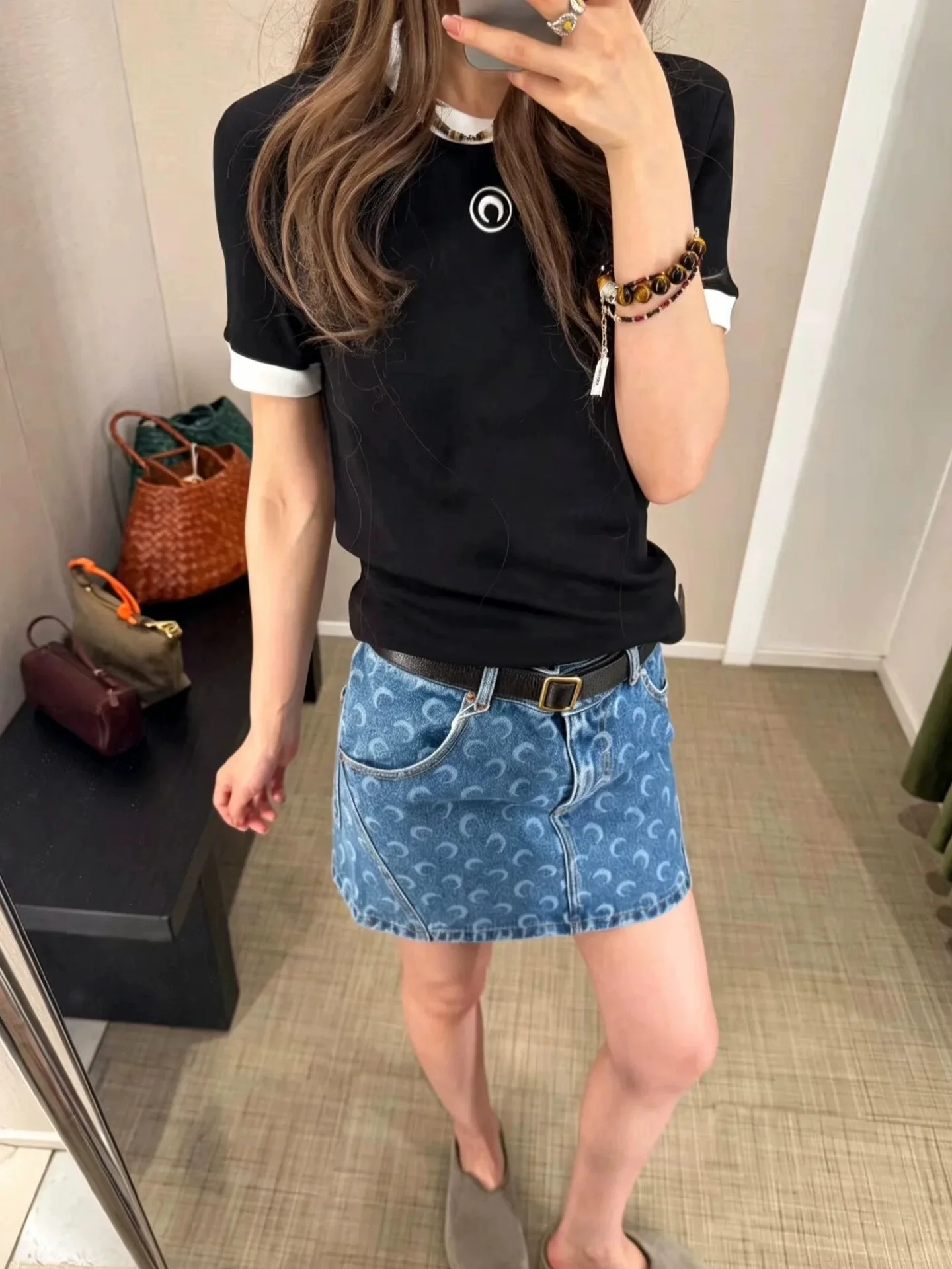 Embroidered Moon Tshirt Women Summer Short Sleeve Round Neck Color Contrast Casual Streetwear Top Street Trendy Loose Fit Tee
