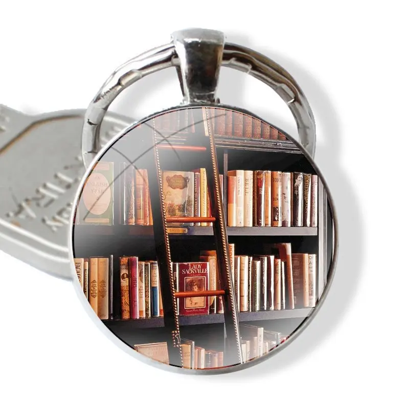 Book Library book shelf Colorful Glass Metal Pendant Key Chain Classic Men Women Key Ring Accessories Jewelry Gifts