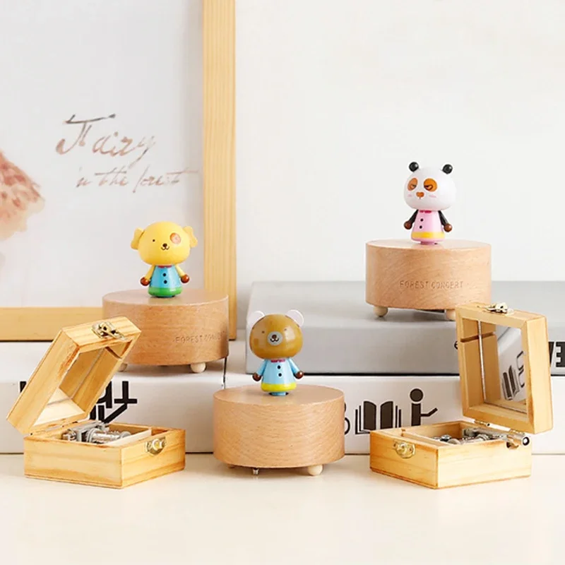 Wooden Carving Color Printing Music Box Creative Animal Hand Crank Music Box Children's Birthday Valentine's Day Gift