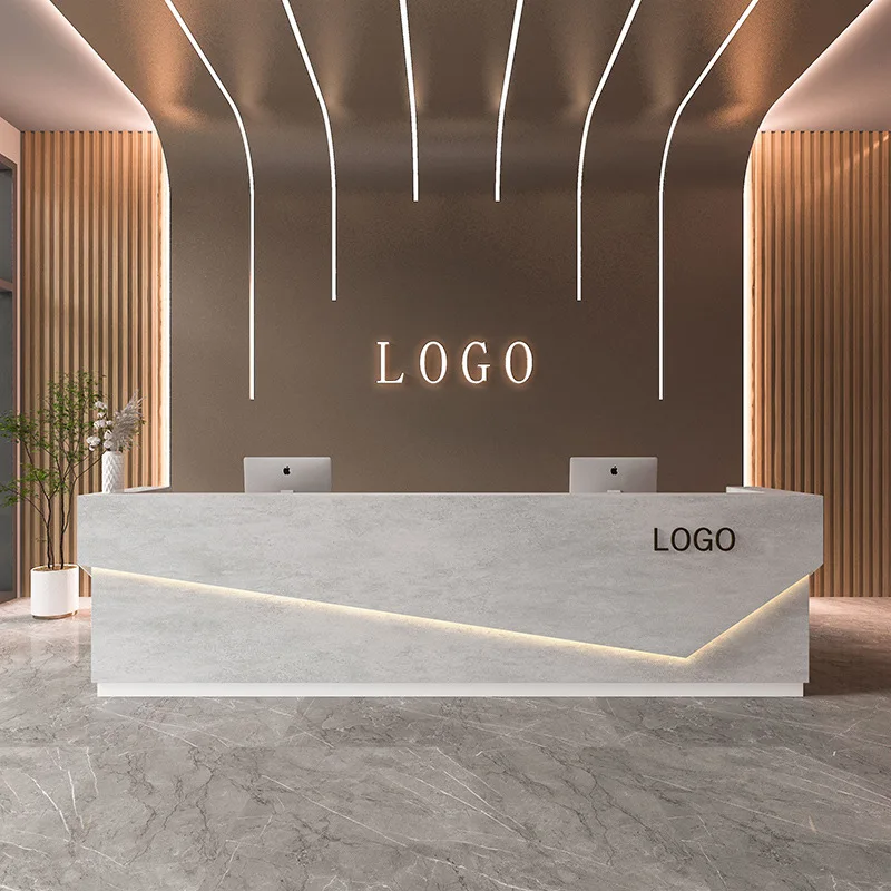 

LED Grey Reception Desk I Shape Front Desk Reception Counter Customized Special Style Company Desk for Sale