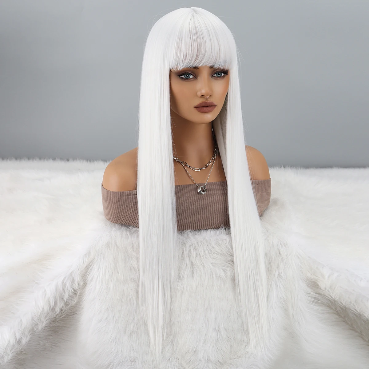 Long White Wig with Bangs Straight White Wigs for Women Cosplay Long Synthetic White Wig Natural Looking for Daily Wear