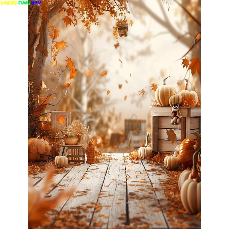 Halloween Day Autumnal Pumpkins Photography Backdrops Props Maple Leaf Scarecrow Farm Harvest Thanksgiving Background GE-27