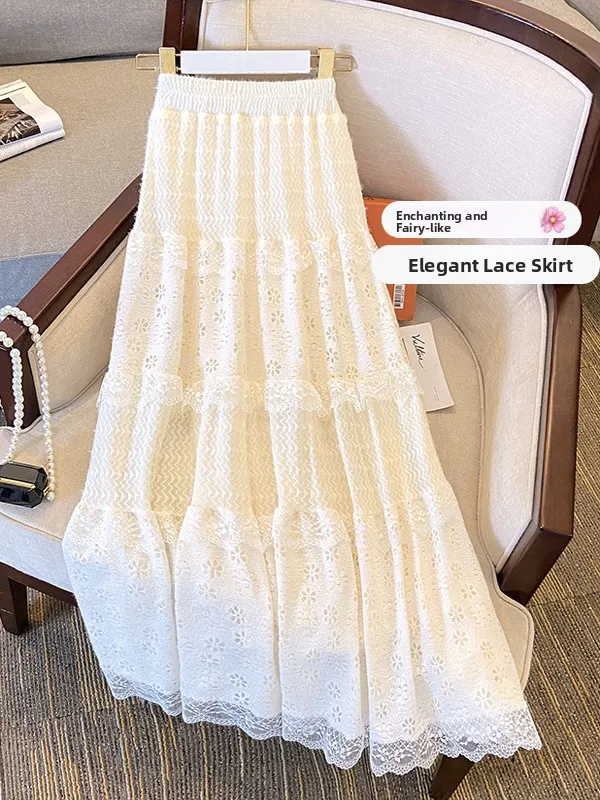 

2025 Spring Summer New Sle Lace Hollow out A-Line Skirt High Waist White Women's f Skirt Commute Ele Cake Skirt