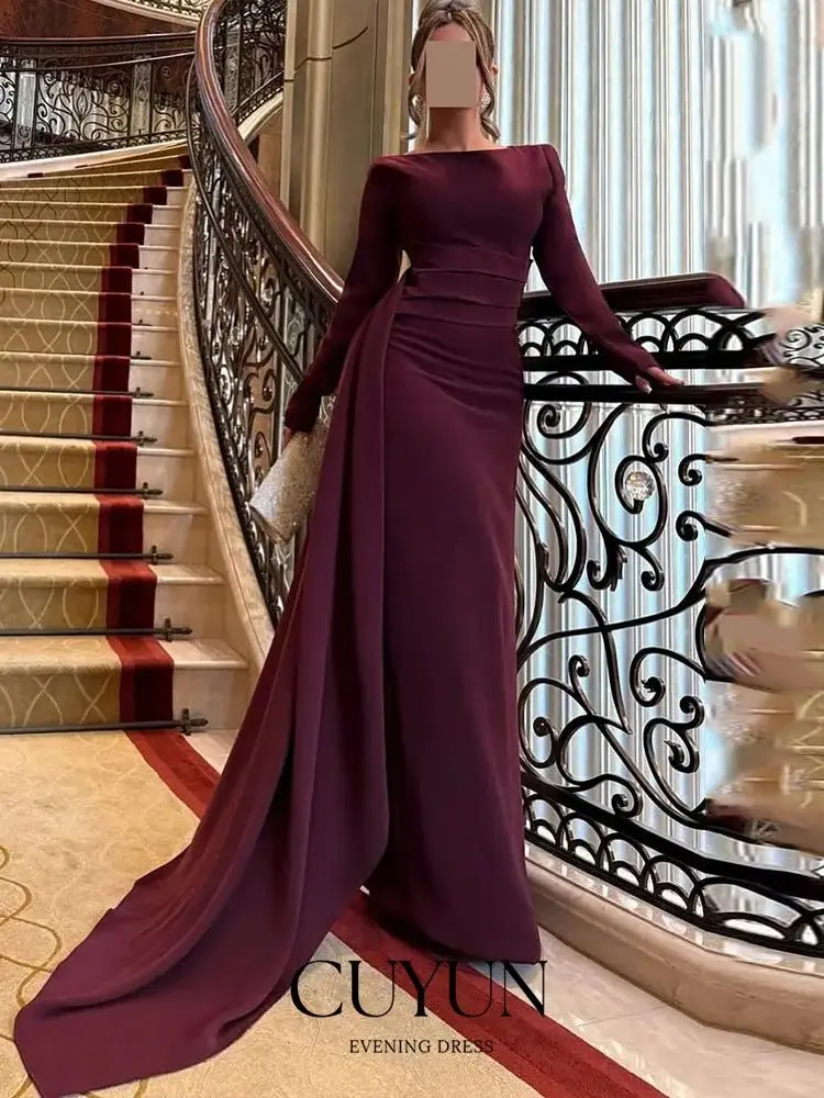 CUYUN Burgunderrotes Damen-Abendkleid, Saudi-Boot-Ausschnitt, lange Ärmel, bescheidenes Partykleid, individuelle, elegante Hochzeits-Party-Kleider