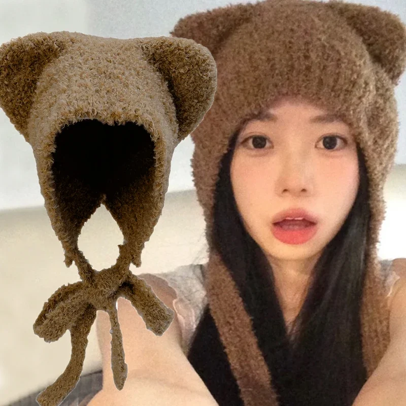 

Cute Bear Knit Ear Protection Hat Women Winter Plush Earmuffs Cap Woolen Crochet Bonnet Solid Color Hood Beanies Warm Headgear