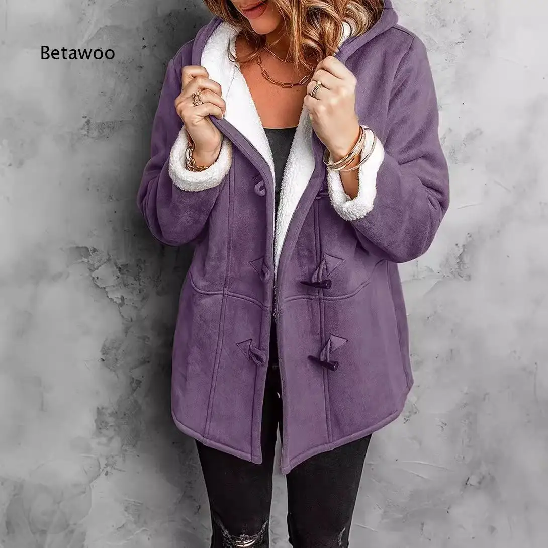 Women Cold Weather Hooded Outer Jacket Fleece Lined Toggle Buttons Long Sleeve Side Pockets Relaxed Fit Winter Overcoat