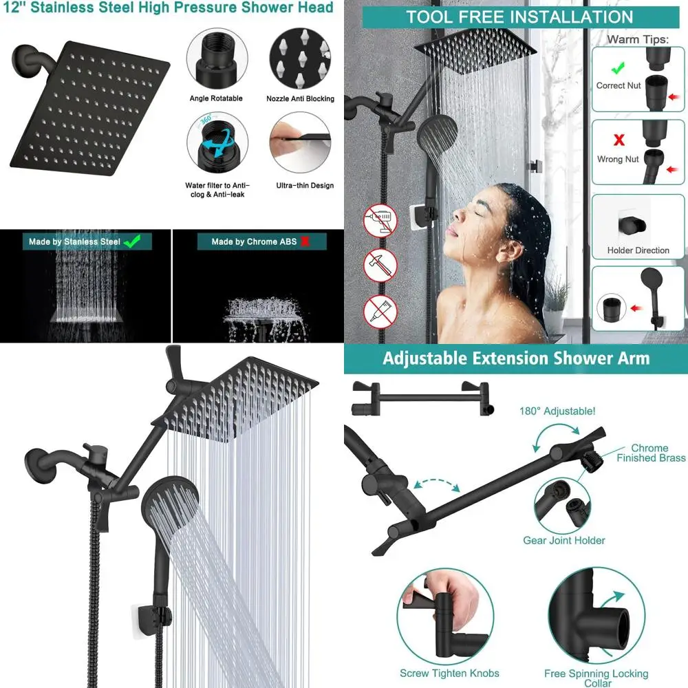 

12 Matte Black High-Pressure Rainfall/Handheld Shower Combo with 9 Modes, 11 Extension Arm, Anti-Leak, Adjustable Height & Angle