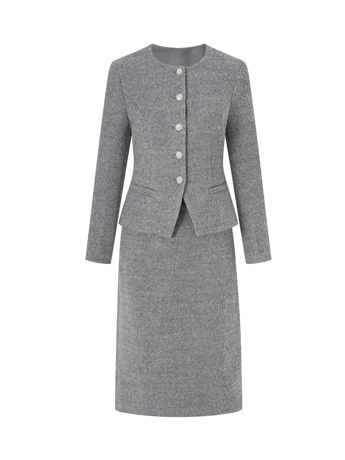 ZJYT Setelan Jas Wol dan Rok Midi 2 Potong untuk Wanita Kantoran Elegan, Musim Gugur Musim Dingin 2025, Pakaian Wanita untuk Pesta, Warna Abu-abu